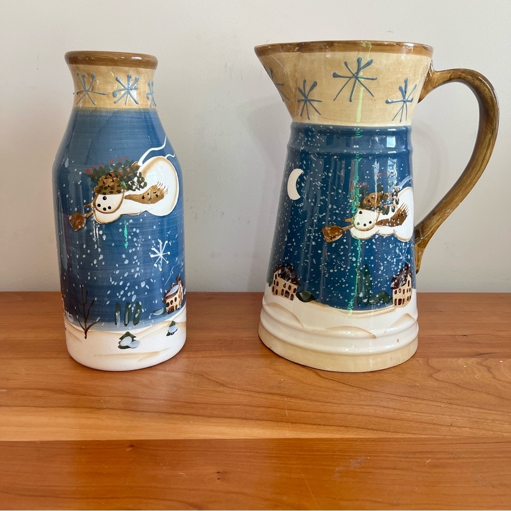 WCL Pottery Hand Painted Christmas Winter Scene Pitcher And‎ Bottle Jug